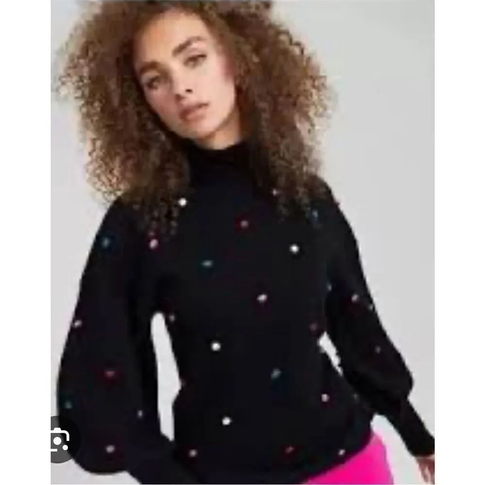 Charter Club Luxury Black With Multi PomPom 100% Cashmere Seeater NWT Size Small